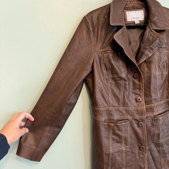 Wilsons Leather Maxima Trench Coat Women L Brown Collared Button Mobwife Outdoor - Picture 6 of 13